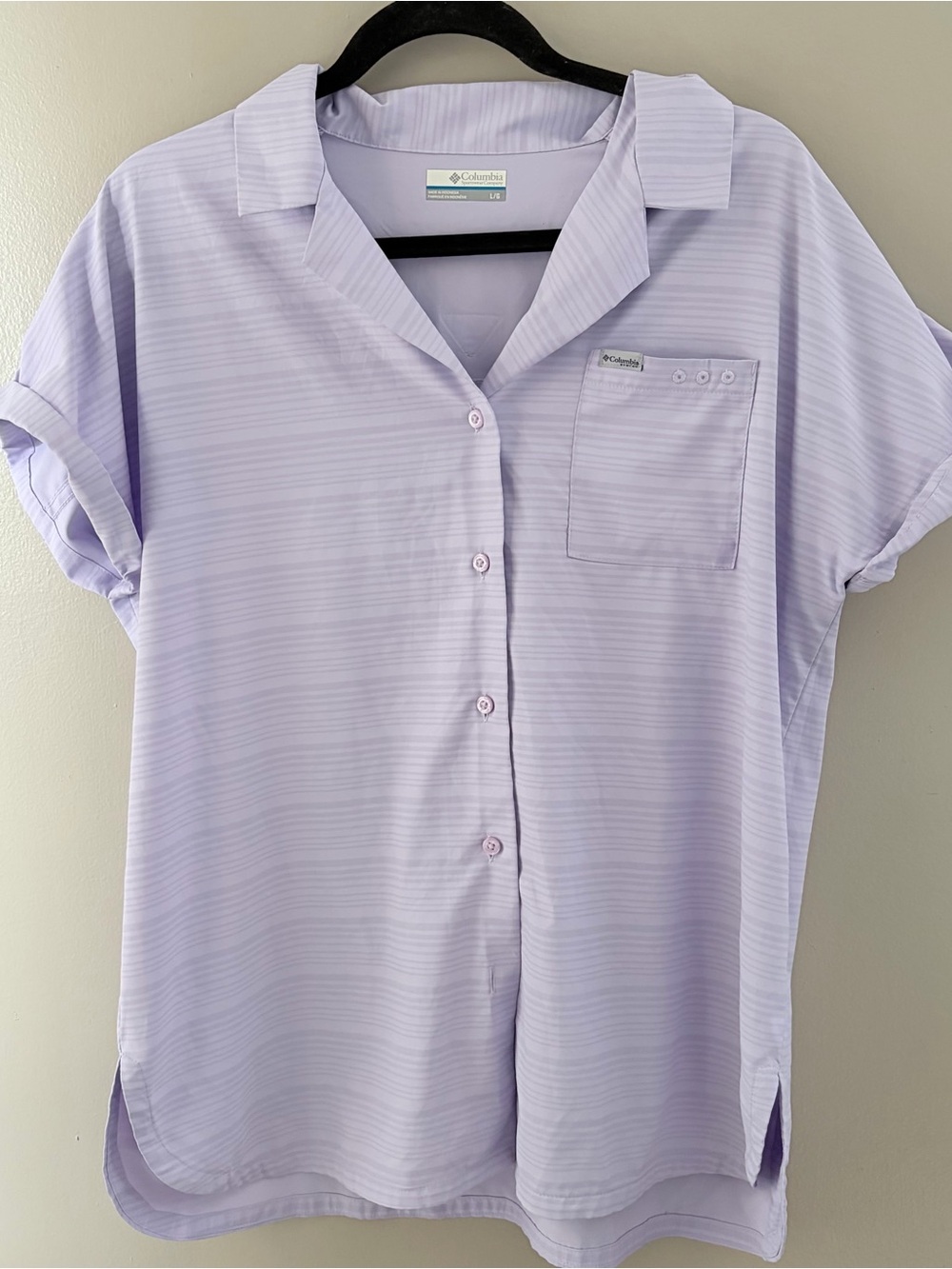 Columbia PFG Lavender Striped Short Sleeve Fishing Shirt Large